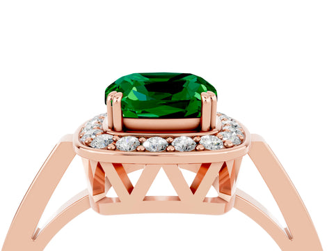 Rose gold {shape_name} Emerald Halo Ring with Split Shank and Four-Prong Setting_16