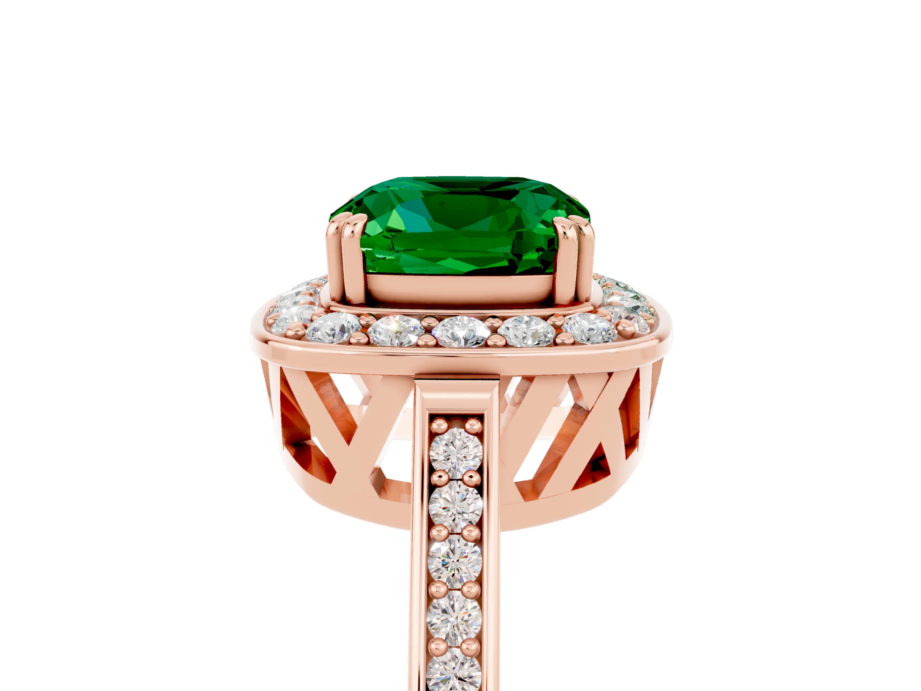 Rose gold {shape_name} Emerald Halo Ring with Split Shank and Four-Prong Setting_17