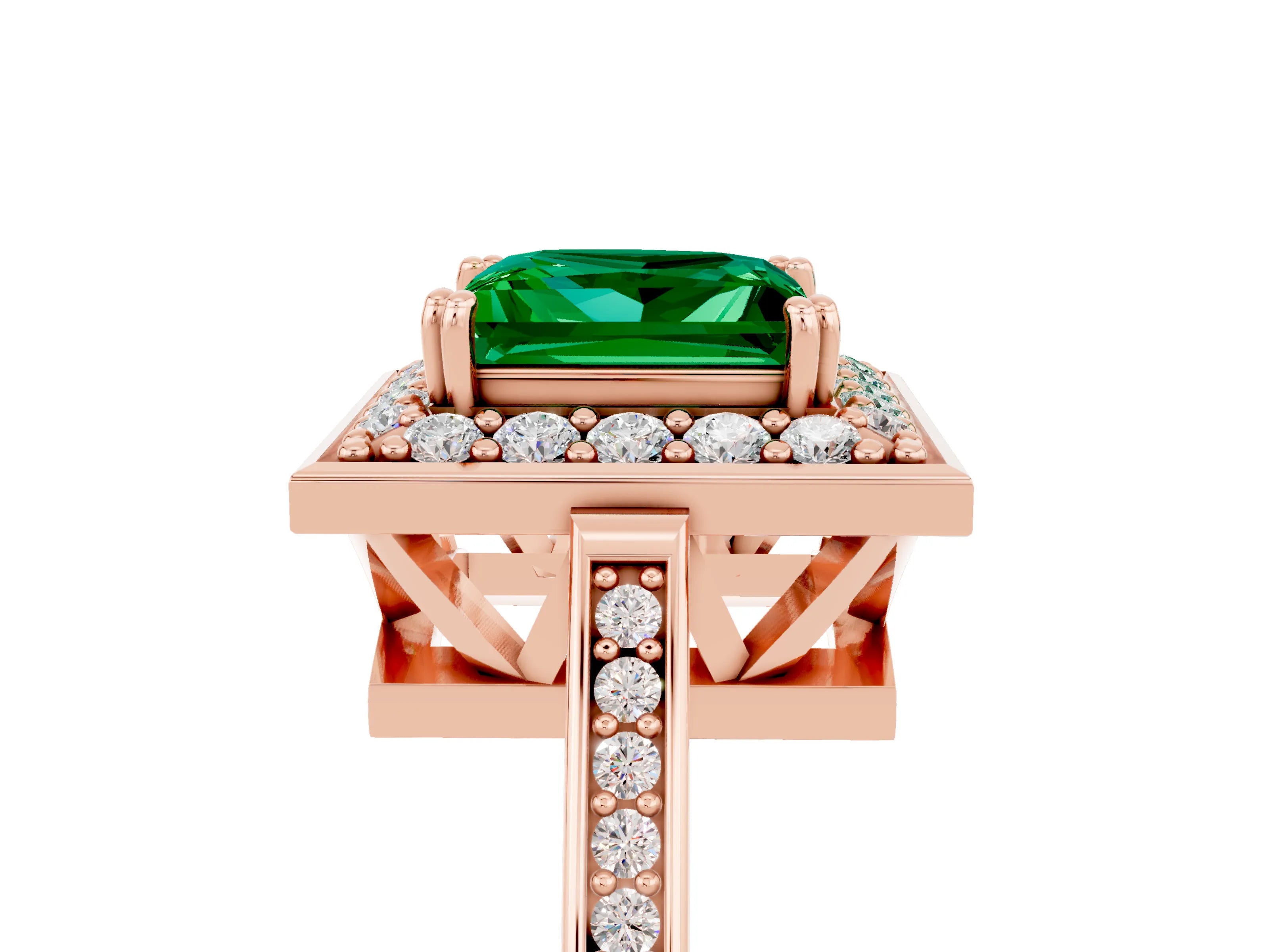 Rose gold {shape_name} Emerald Halo Ring with Split Shank and Four-Prong Setting_17