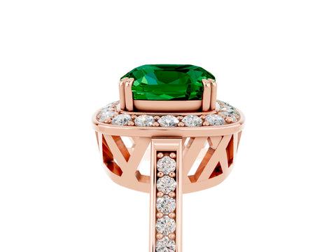 Rose gold {shape_name} Emerald Halo Ring with Split Shank and Four-Prong Setting_17