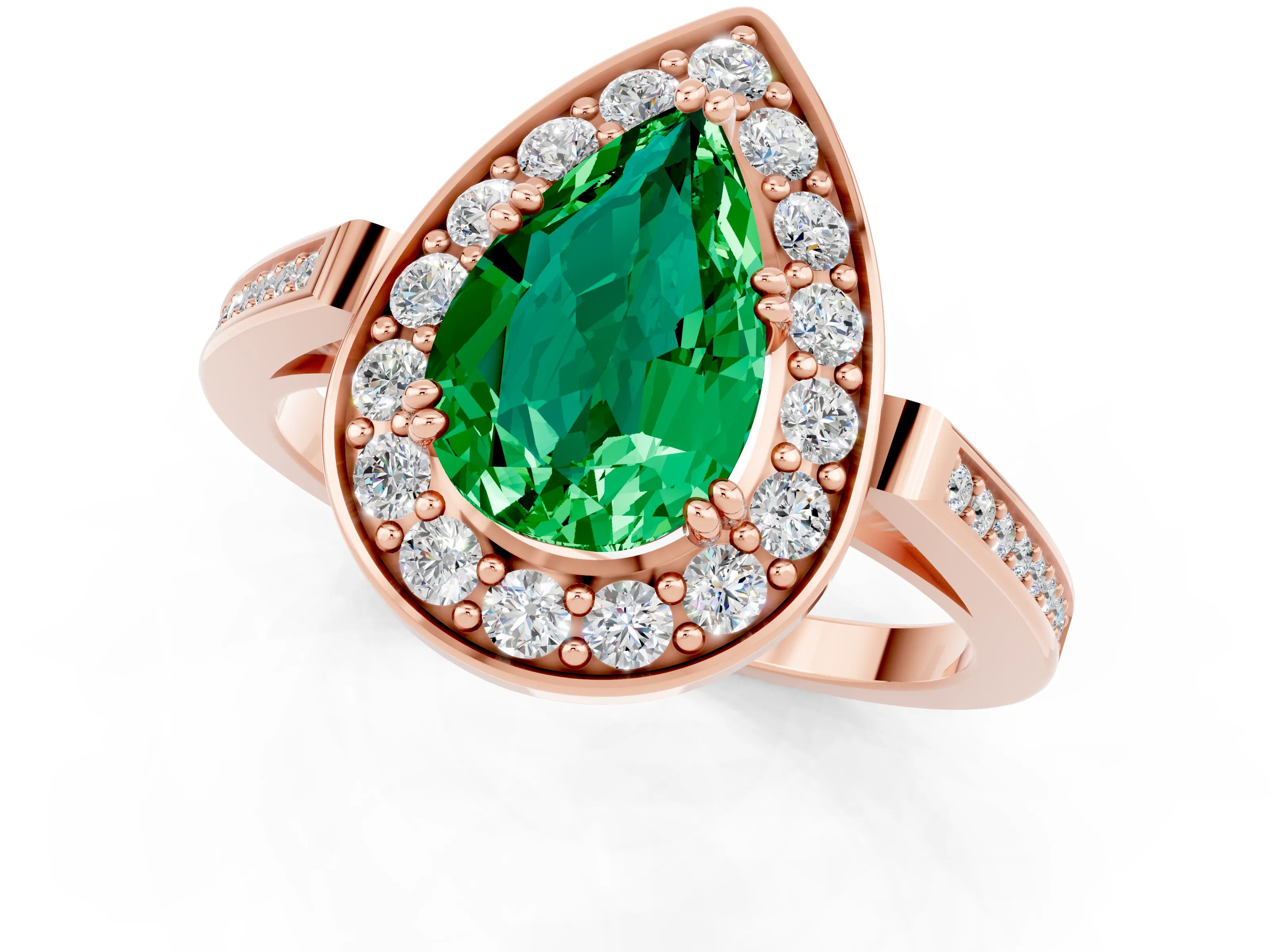Rose gold {shape_name} Emerald Halo Ring with Split Shank and Four-Prong Setting_1