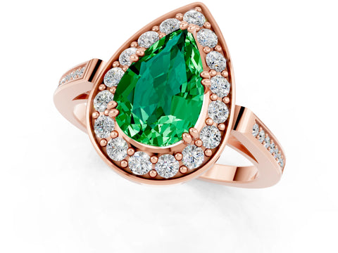 Rose gold {shape_name} Emerald Halo Ring with Split Shank and Four-Prong Setting_1