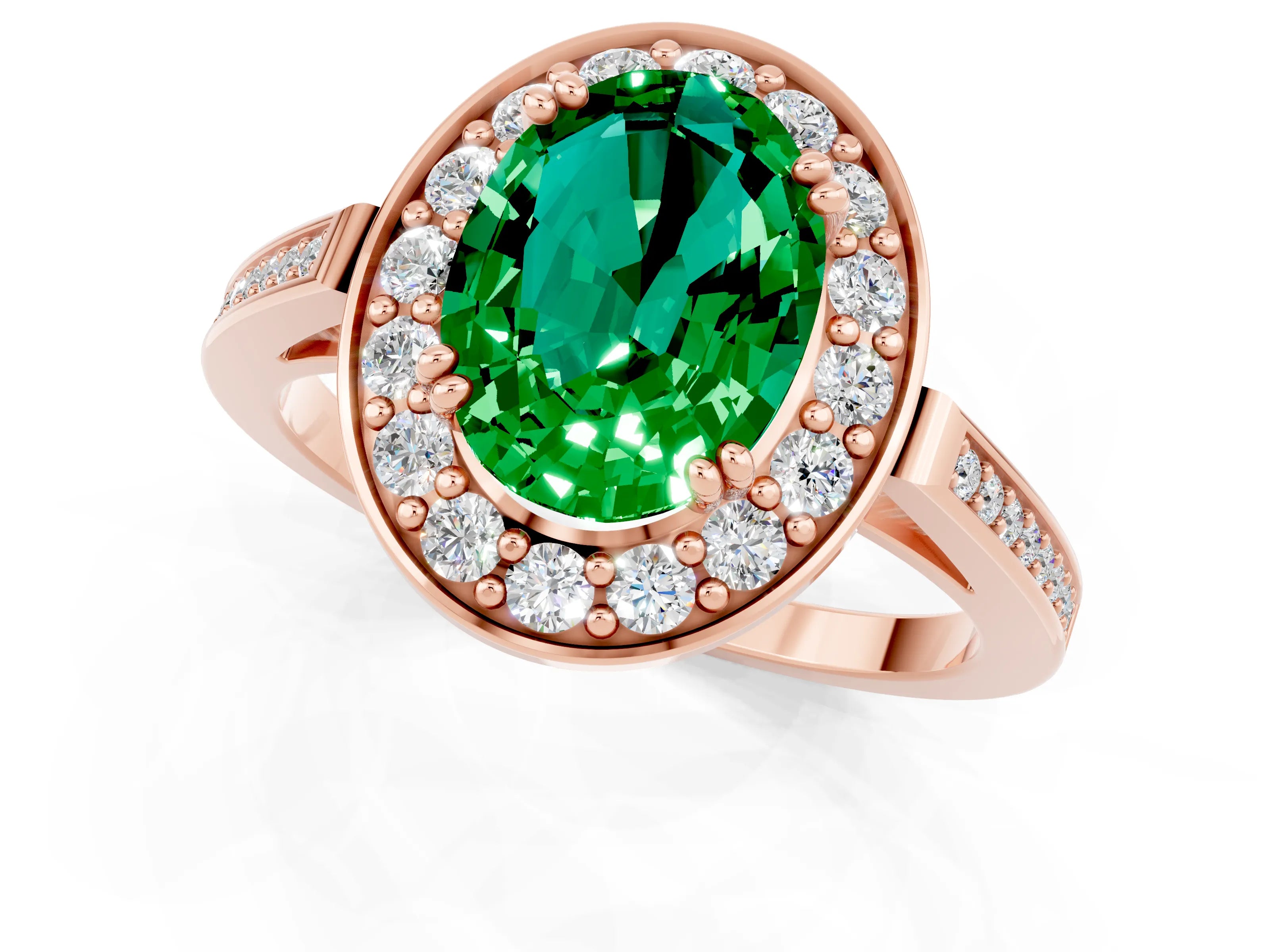 Rose gold {shape_name} Emerald Halo Ring with Split Shank and Four-Prong Setting_1