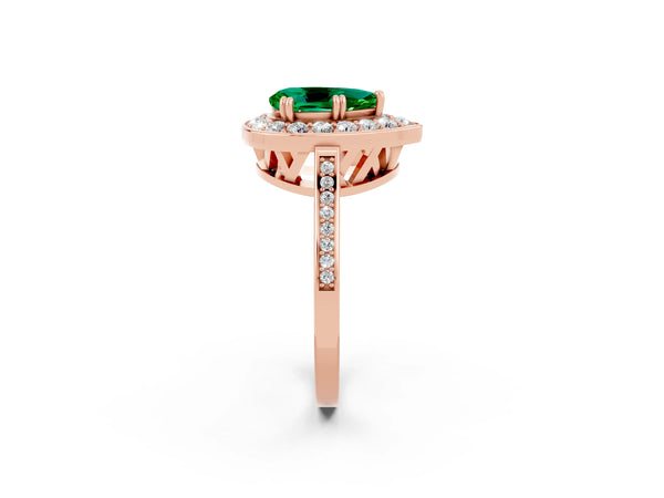 Rose gold Pear Cut Emerald Halo Ring with Split Shank and Four-Prong Setting