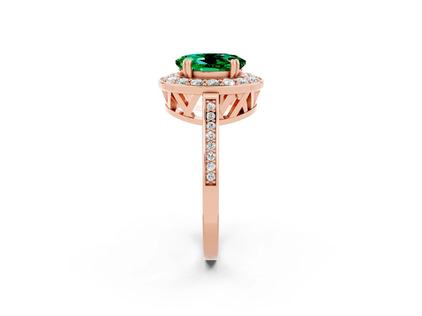 Rose gold Oval Cut Emerald Halo Ring with Split Shank and Four-Prong Setting