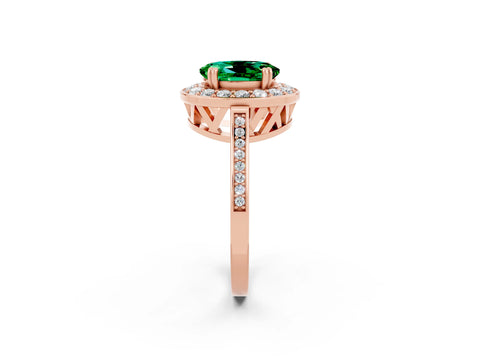 Rose gold {shape_name} Emerald Halo Ring with Split Shank and Four-Prong Setting_2