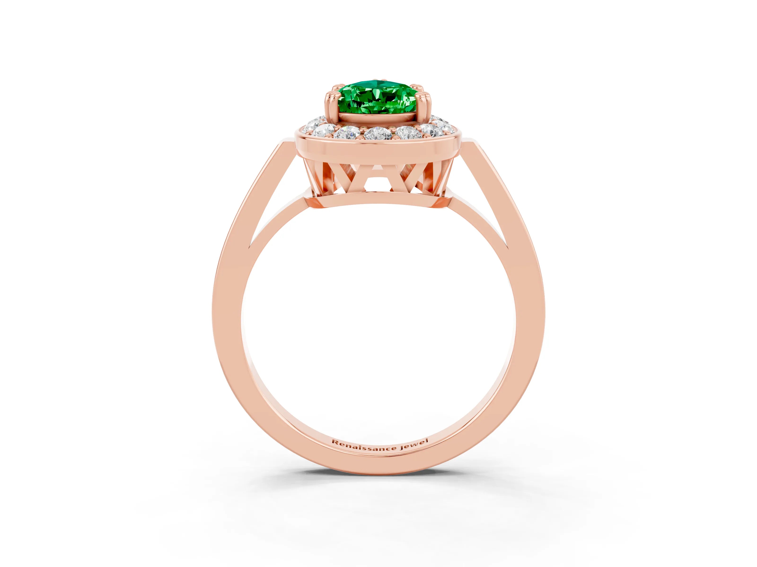 Rose gold {shape_name} Emerald Halo Ring with Split Shank and Four-Prong Setting_3