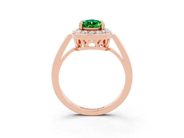 Rose gold Pear Cut Emerald Halo Ring with Split Shank and Four-Prong Setting