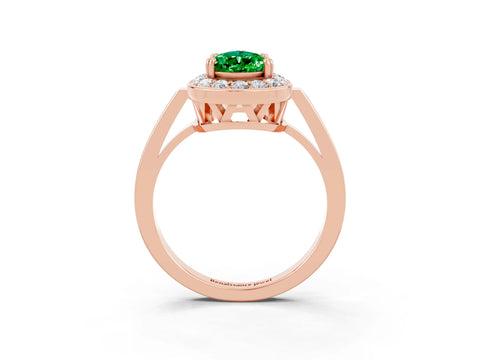 Rose gold {shape_name} Emerald Halo Ring with Split Shank and Four-Prong Setting_3