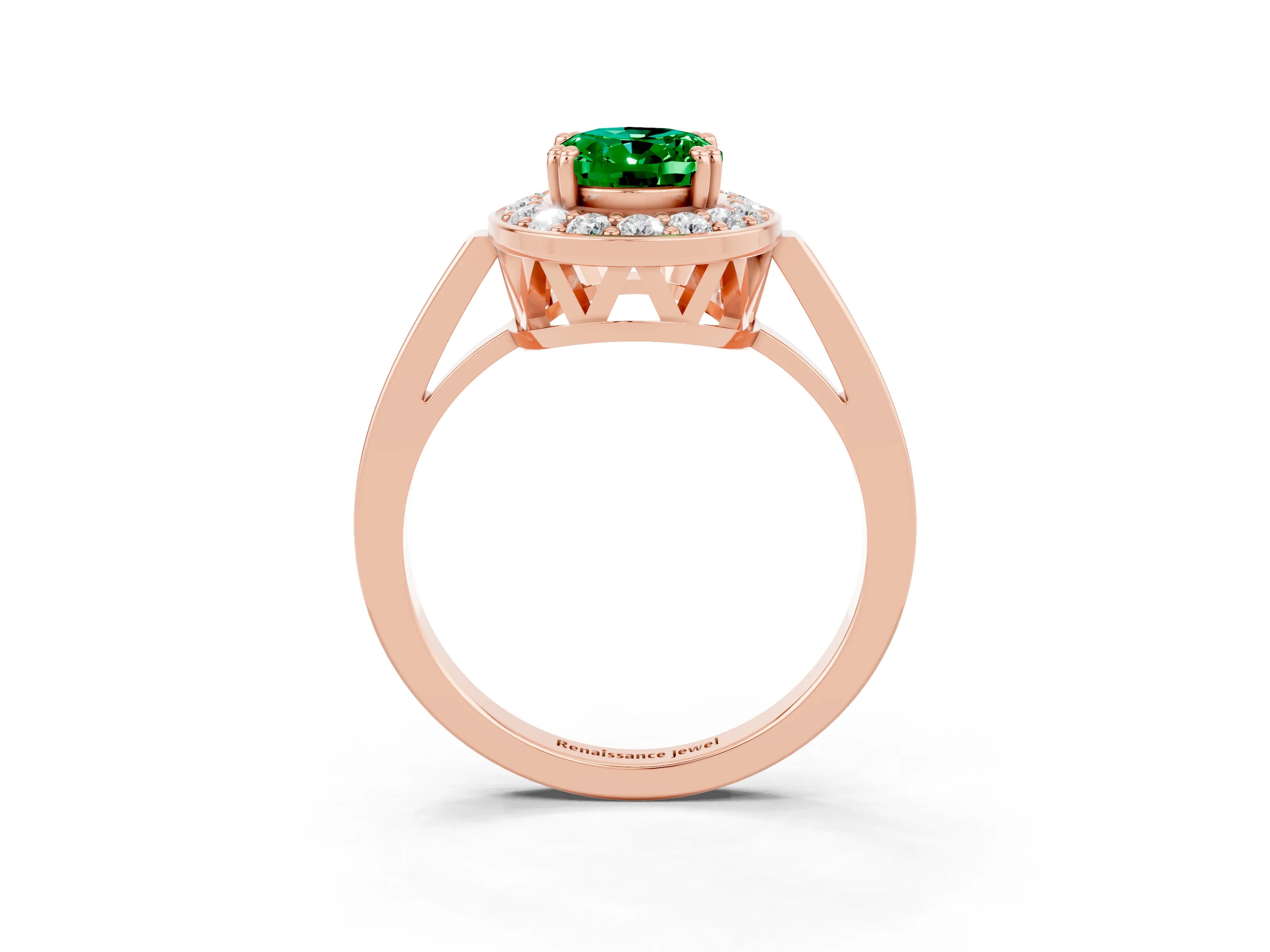 Rose gold {shape_name} Emerald Halo Ring with Split Shank and Four-Prong Setting_3