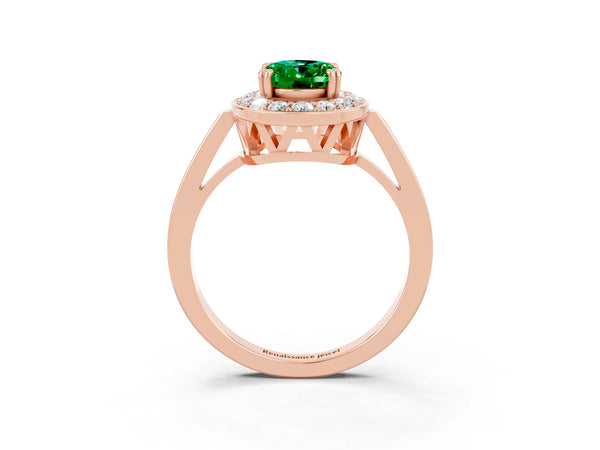 Rose gold Oval Cut Emerald Halo Ring with Split Shank and Four-Prong Setting