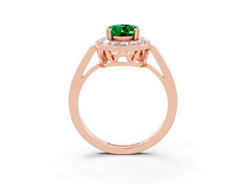 Rose gold {shape_name} Emerald Halo Ring with Split Shank and Four-Prong Setting_3