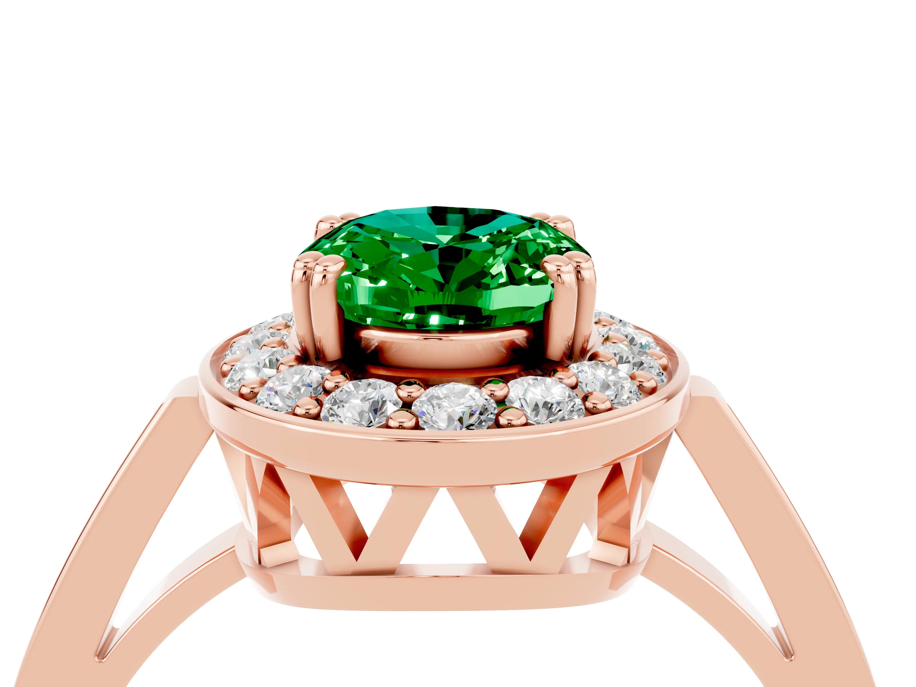 Rose gold {shape_name} Emerald Halo Ring with Split Shank and Four-Prong Setting_4
