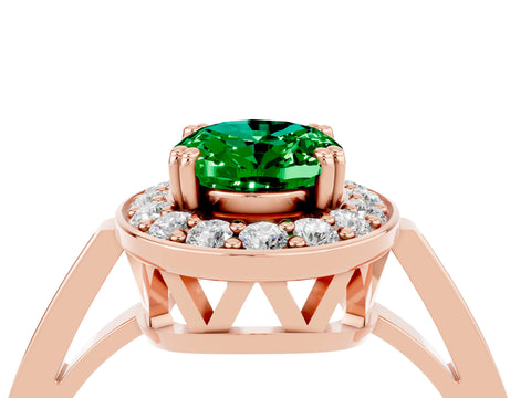 Rose gold {shape_name} Emerald Halo Ring with Split Shank and Four-Prong Setting_4