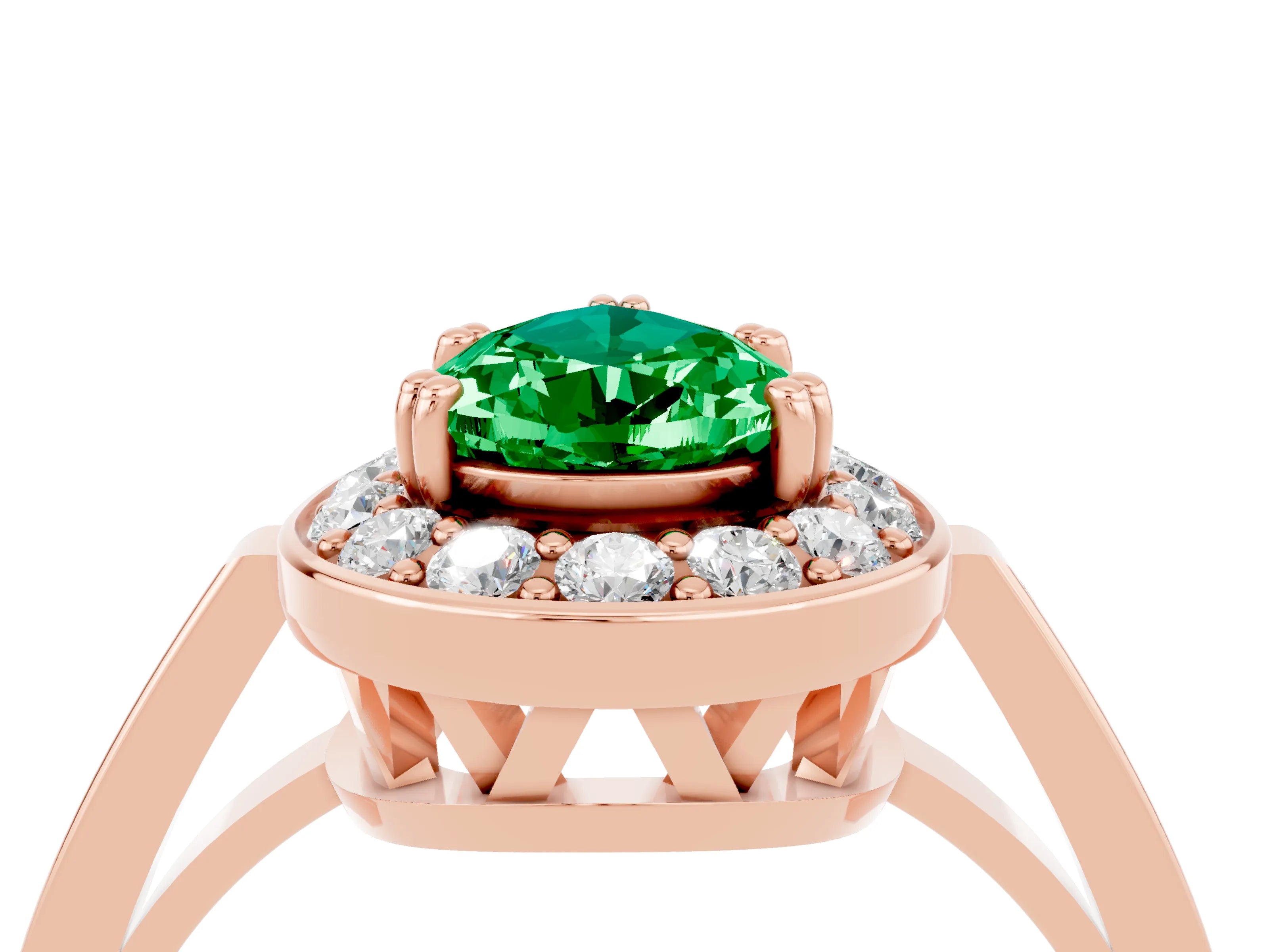 Rose gold {shape_name} Emerald Halo Ring with Split Shank and Four-Prong Setting_4