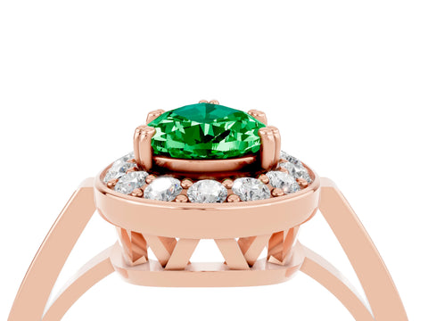 Rose gold {shape_name} Emerald Halo Ring with Split Shank and Four-Prong Setting_4