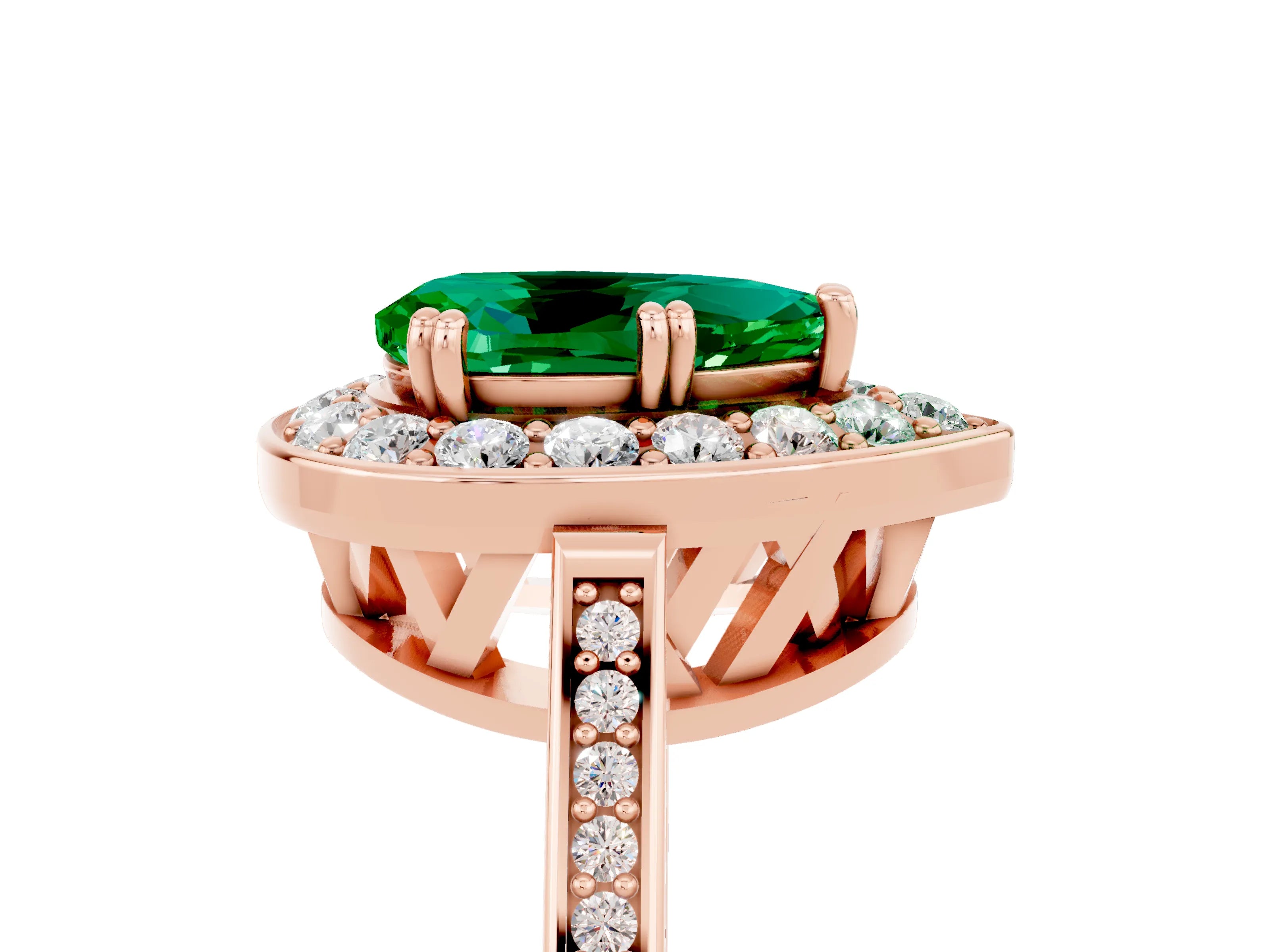 Rose gold {shape_name} Emerald Halo Ring with Split Shank and Four-Prong Setting_5