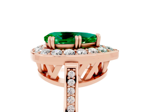 Rose gold {shape_name} Emerald Halo Ring with Split Shank and Four-Prong Setting_5