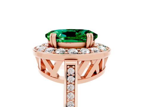 Rose gold {shape_name} Emerald Halo Ring with Split Shank and Four-Prong Setting_5