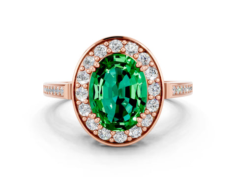 Rose gold {shape_name} Emerald Halo Ring with Split Shank and Four-Prong Setting
