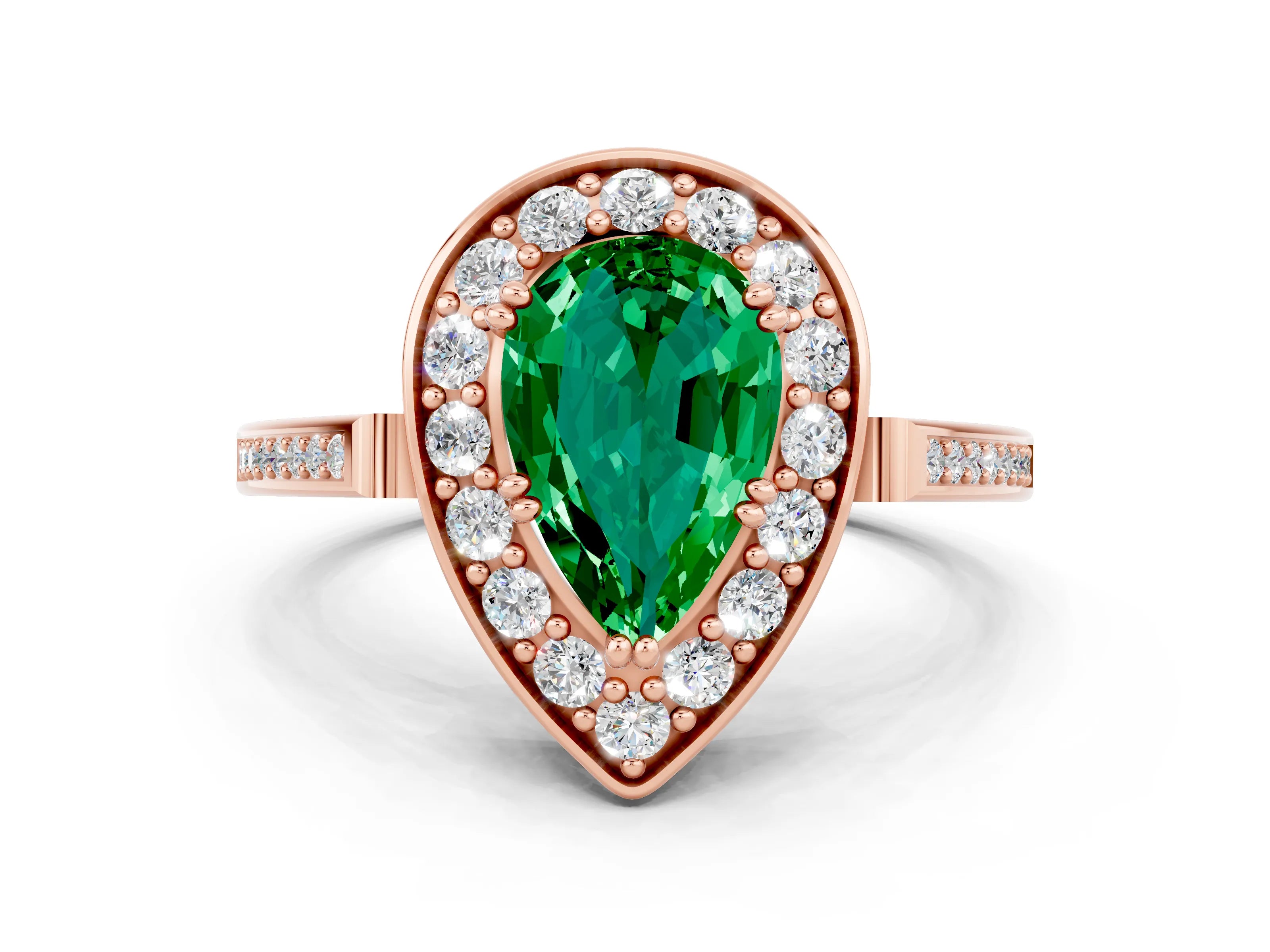 Rose gold {shape_name} Emerald Halo Ring with Split Shank and Four-Prong Setting