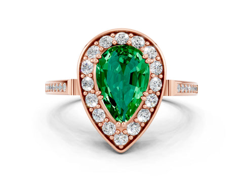 Rose gold {shape_name} Emerald Halo Ring with Split Shank and Four-Prong Setting