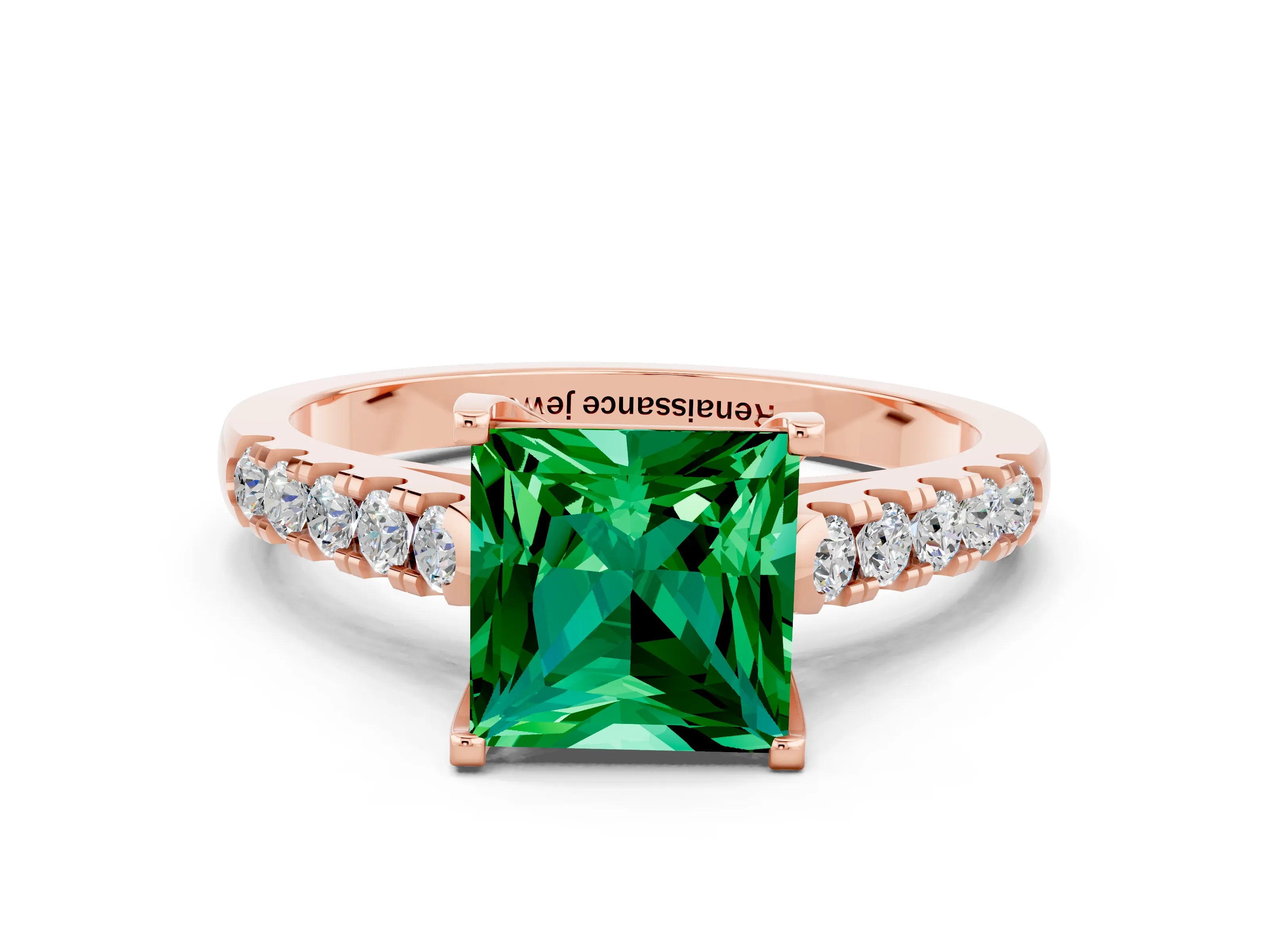 Rose gold {shape_name} Emerald Solitaire Ring with Pavé Band and Four-Prong Setting