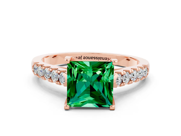 Rose gold Princess Cut Emerald Pavé Band Solitaire Ring with Prong Setting