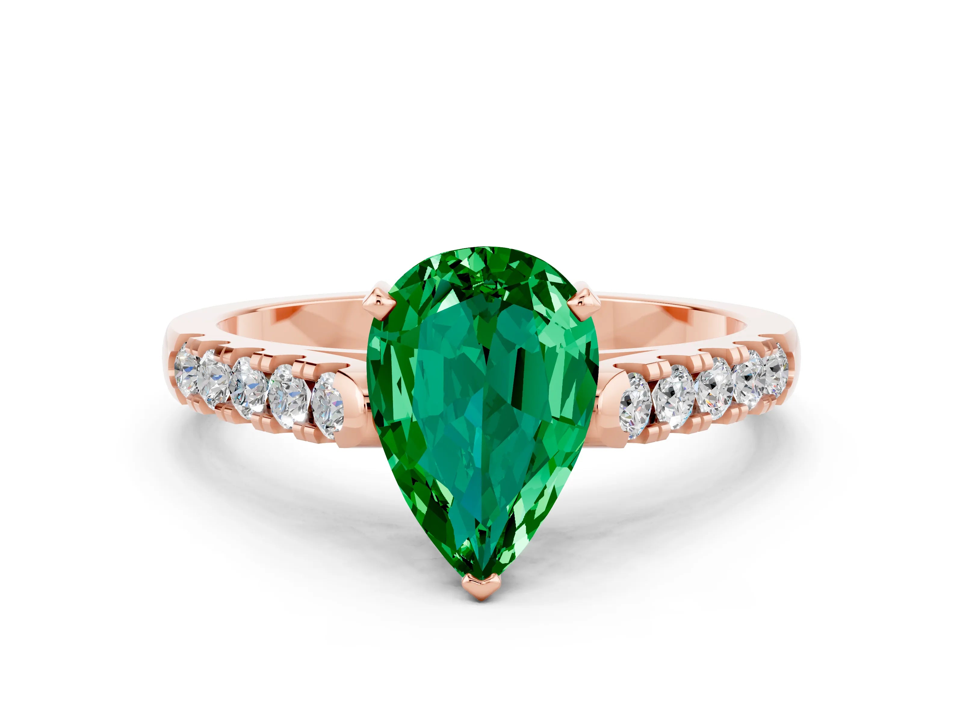 Rose gold {shape_name} Emerald Solitaire Ring with Pavé Band and Four-Prong Setting