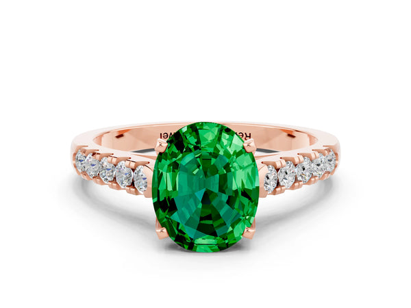 Rose gold Oval Cut Emerald Pavé Band Solitaire Ring with Prong Setting