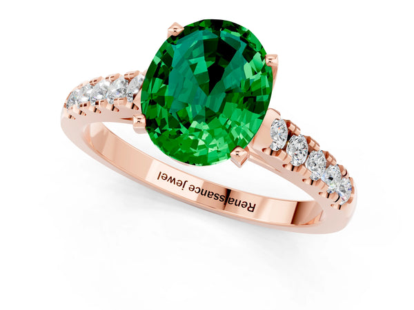 Rose gold Oval Cut Emerald Pavé Band Solitaire Ring with Prong Setting