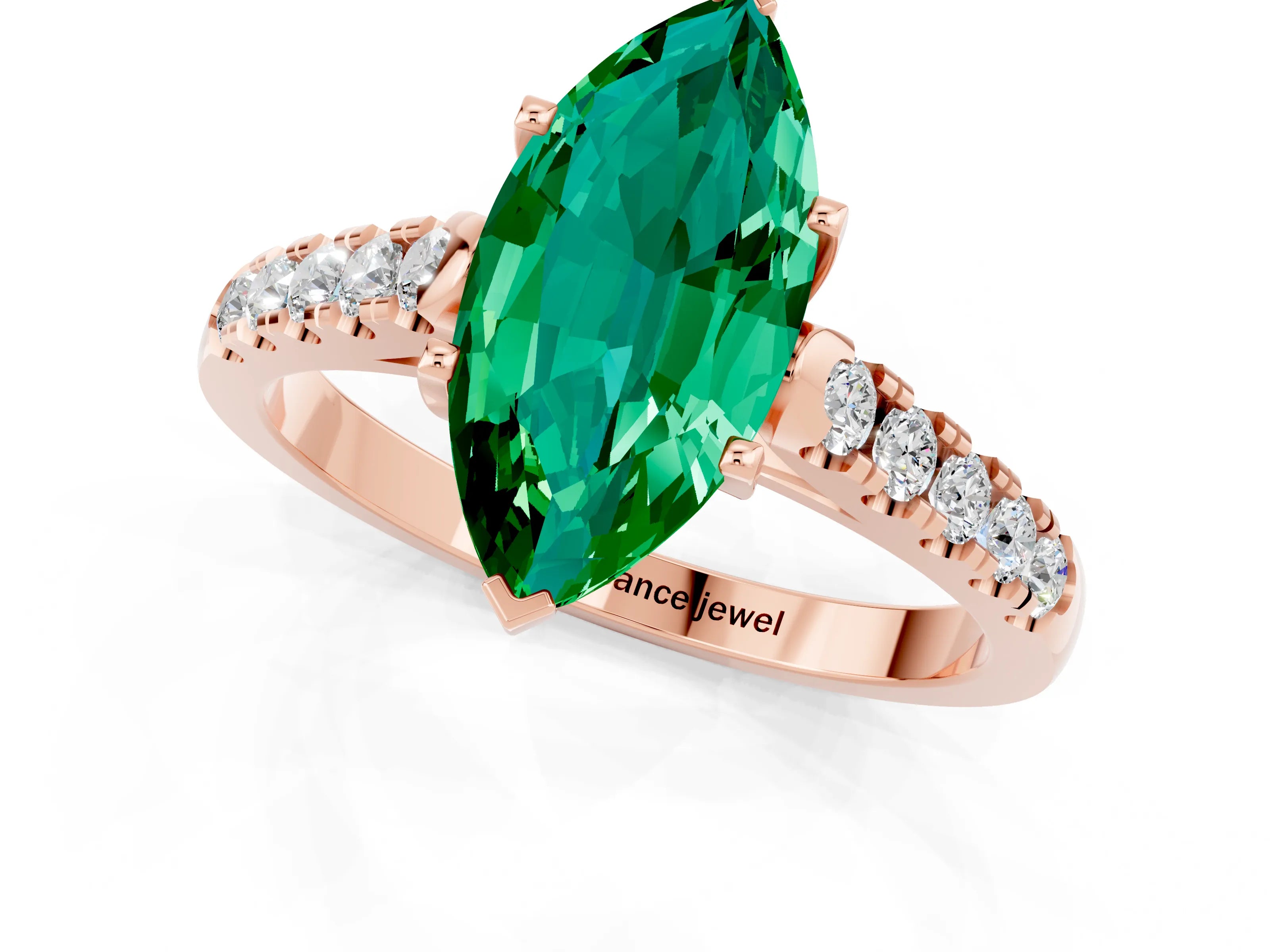 Rose gold {shape_name} Emerald Solitaire Ring with Pavé Band and Four-Prong Setting_1