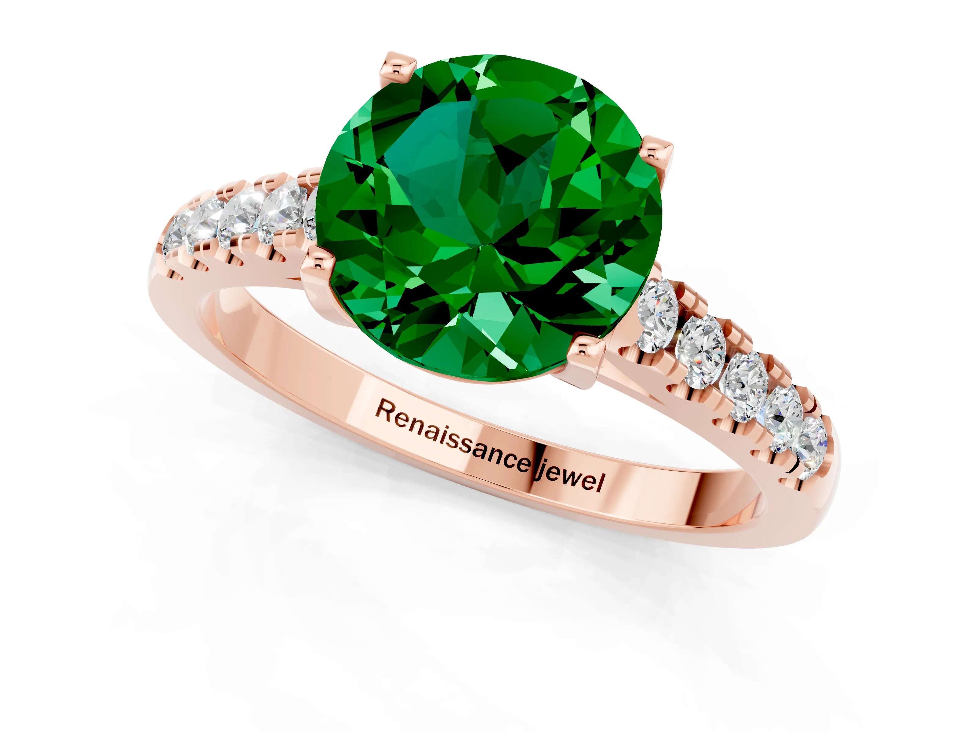 Rose gold {shape_name} Emerald Solitaire Ring with Pavé Band and Four-Prong Setting_1