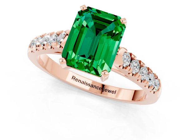 Rose gold Emerald Cut Emerald Pavé Band Solitaire Ring with Prong Setting