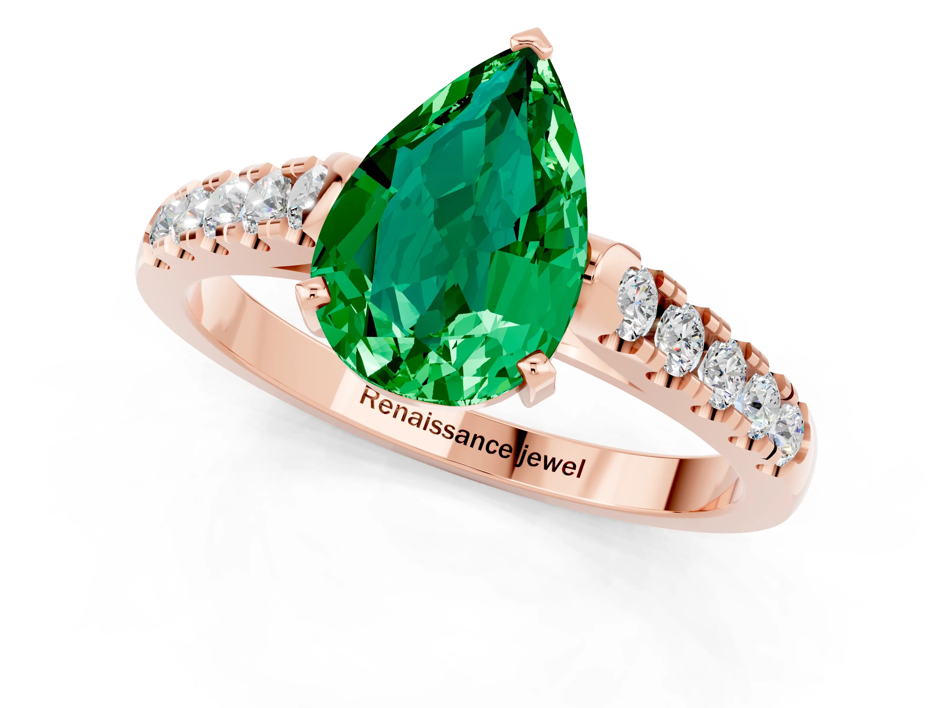 Rose gold {shape_name} Emerald Solitaire Ring with Pavé Band and Four-Prong Setting_1