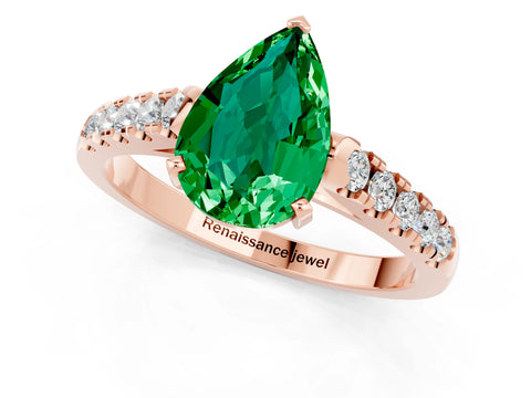 Rose gold {shape_name} Emerald Solitaire Ring with Pavé Band and Four-Prong Setting_1