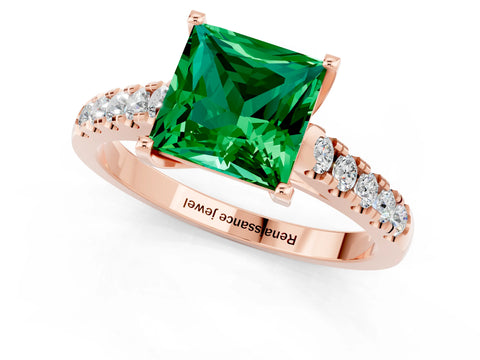 Rose gold {shape_name} Emerald Solitaire Ring with Pavé Band and Four-Prong Setting_1