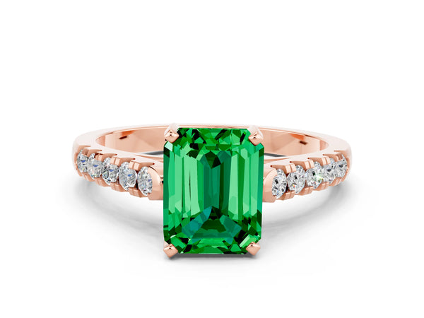 Rose gold Emerald Cut Emerald Pavé Band Solitaire Ring with Prong Setting