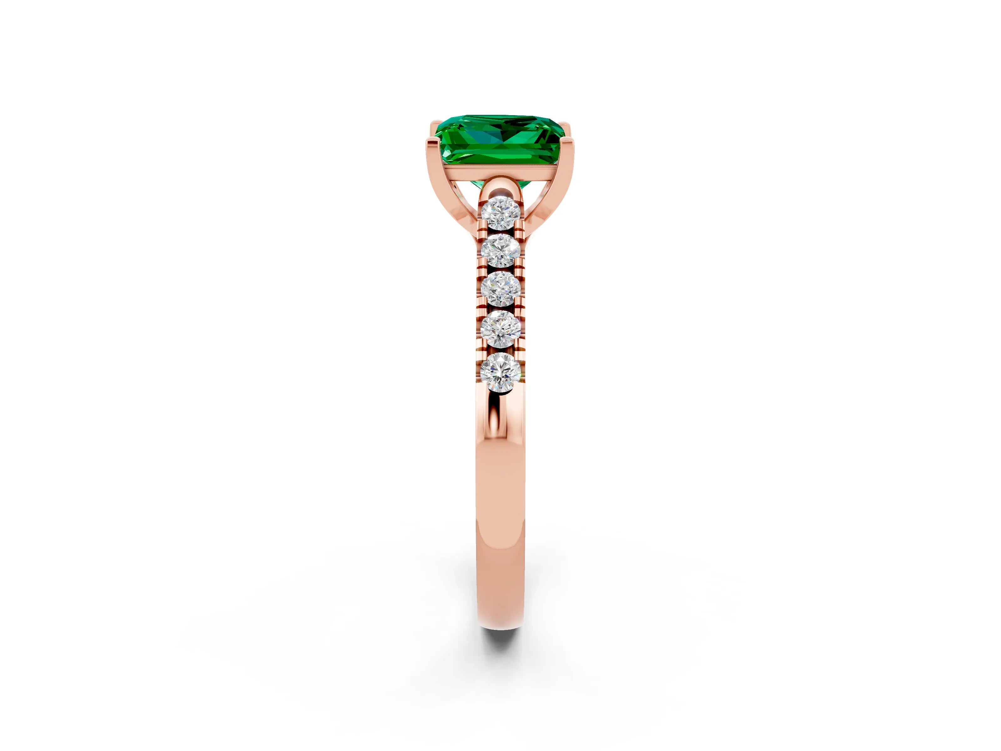 Rose gold {shape_name} Emerald Solitaire Ring with Pavé Band and Four-Prong Setting_2