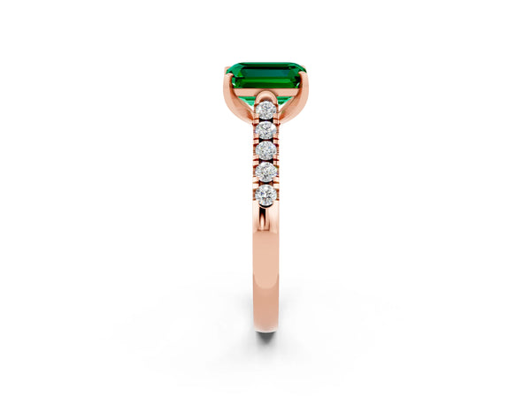 Rose gold Emerald Cut Emerald Pavé Band Solitaire Ring with Prong Setting