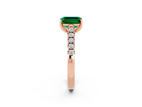 Rose gold {shape_name} Emerald Solitaire Ring with Pavé Band and Four-Prong Setting_2