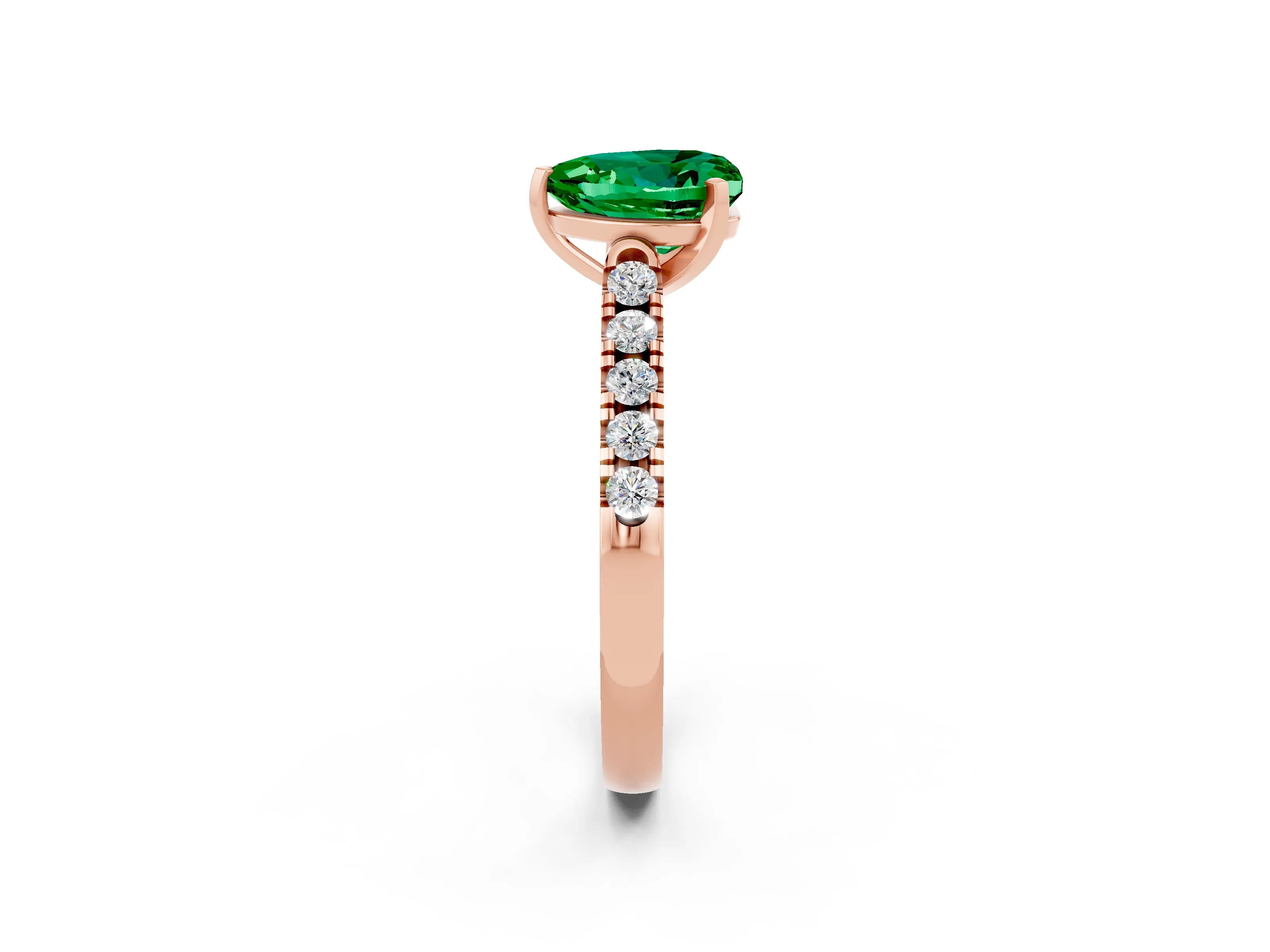 Rose gold {shape_name} Emerald Solitaire Ring with Pavé Band and Four-Prong Setting_2