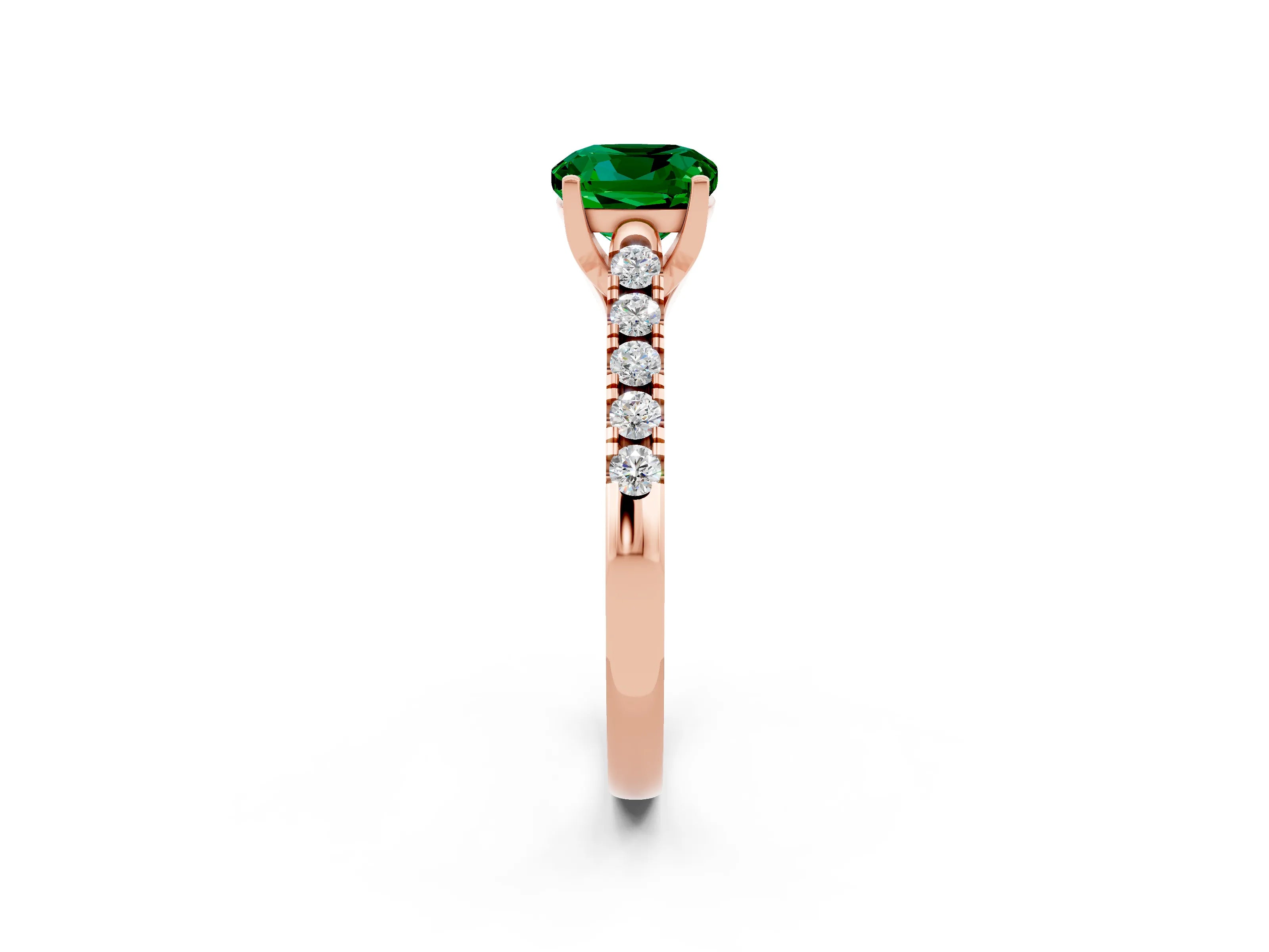 Rose gold {shape_name} Emerald Solitaire Ring with Pavé Band and Four-Prong Setting_2