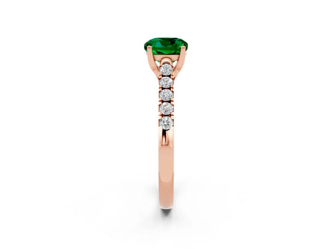 Rose gold {shape_name} Emerald Solitaire Ring with Pavé Band and Four-Prong Setting_2