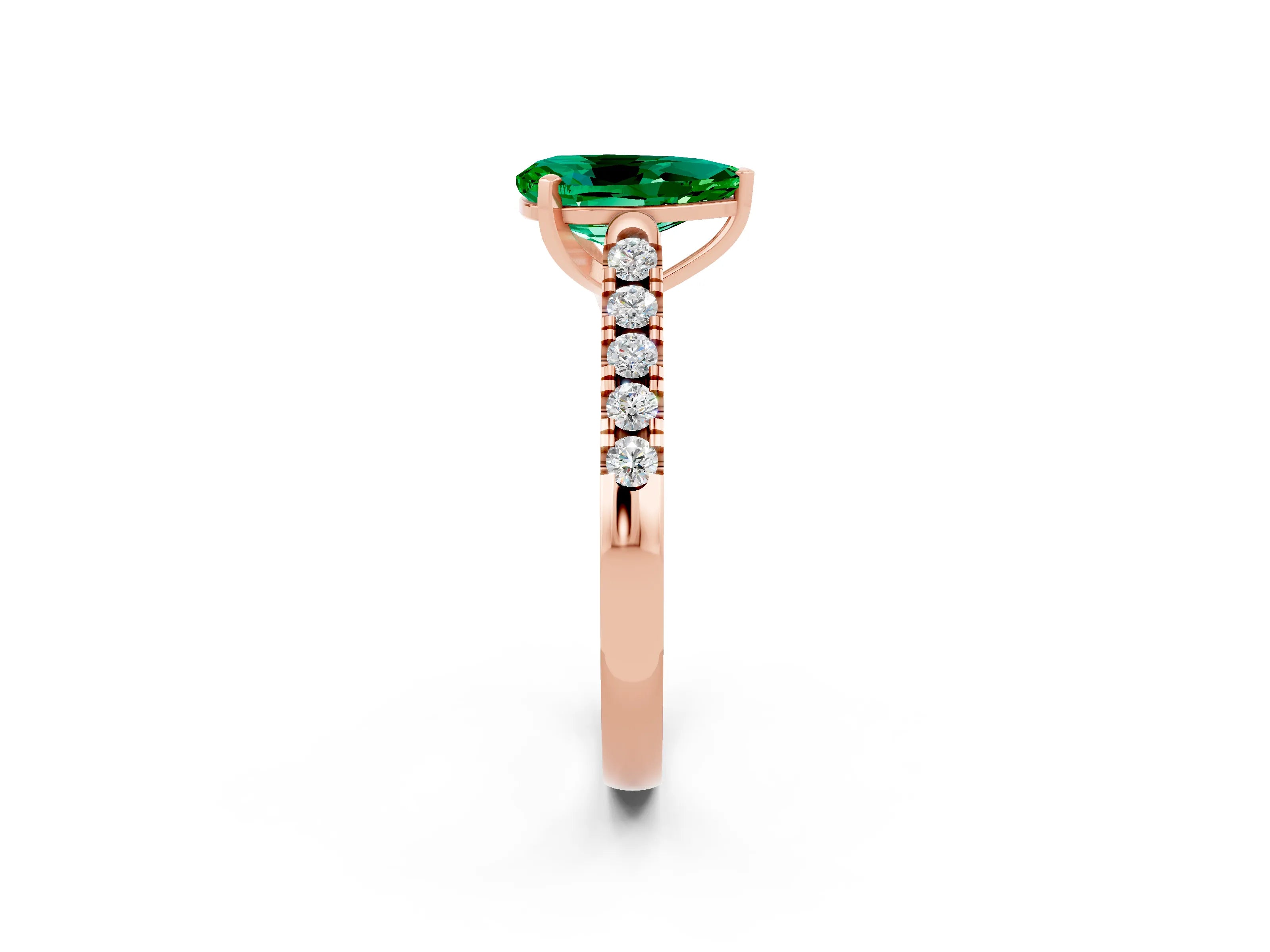 Rose gold {shape_name} Emerald Solitaire Ring with Pavé Band and Four-Prong Setting_2