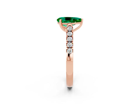 Rose gold {shape_name} Emerald Solitaire Ring with Pavé Band and Four-Prong Setting_2
