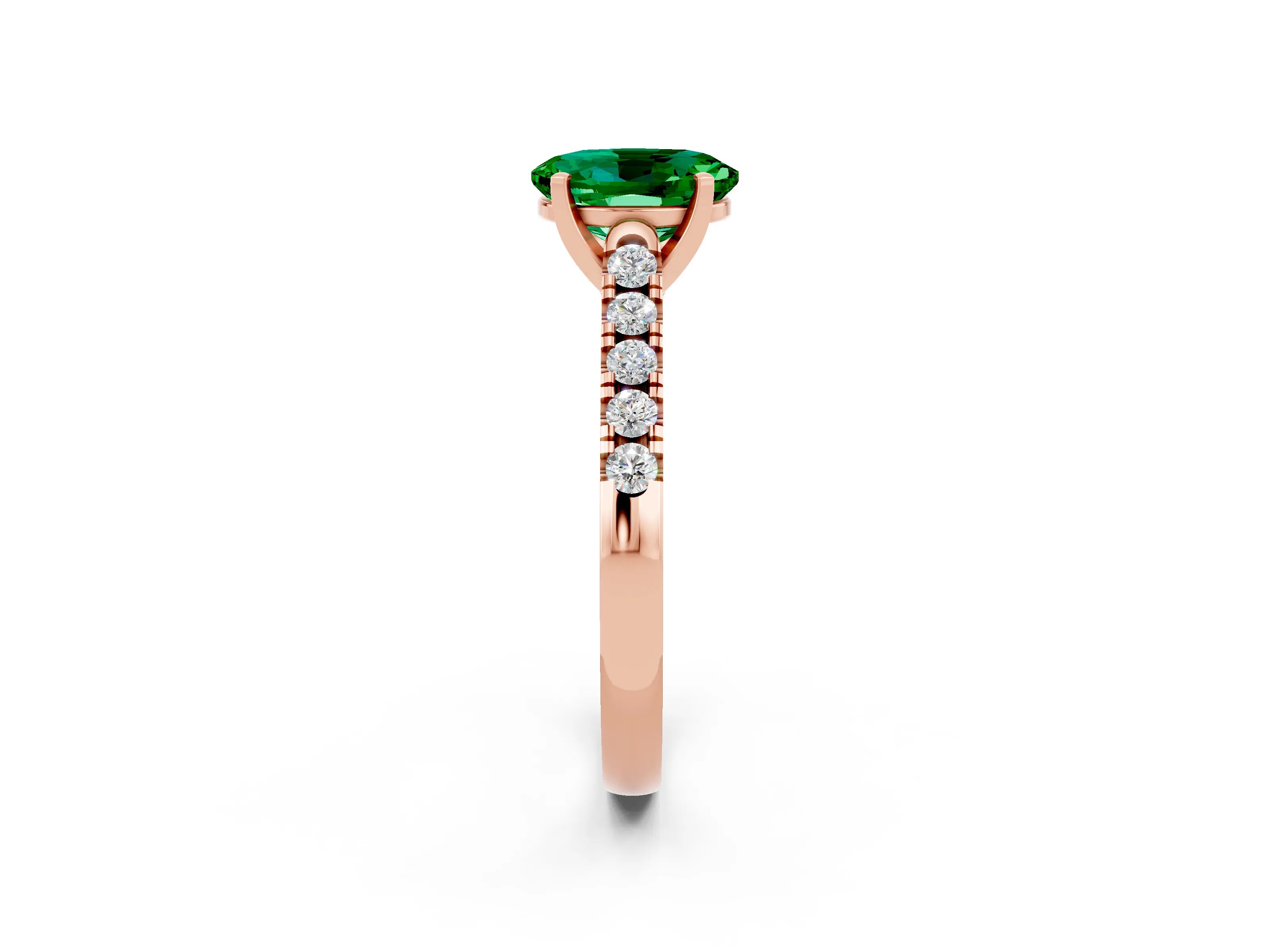 Rose gold {shape_name} Emerald Solitaire Ring with Pavé Band and Four-Prong Setting_2