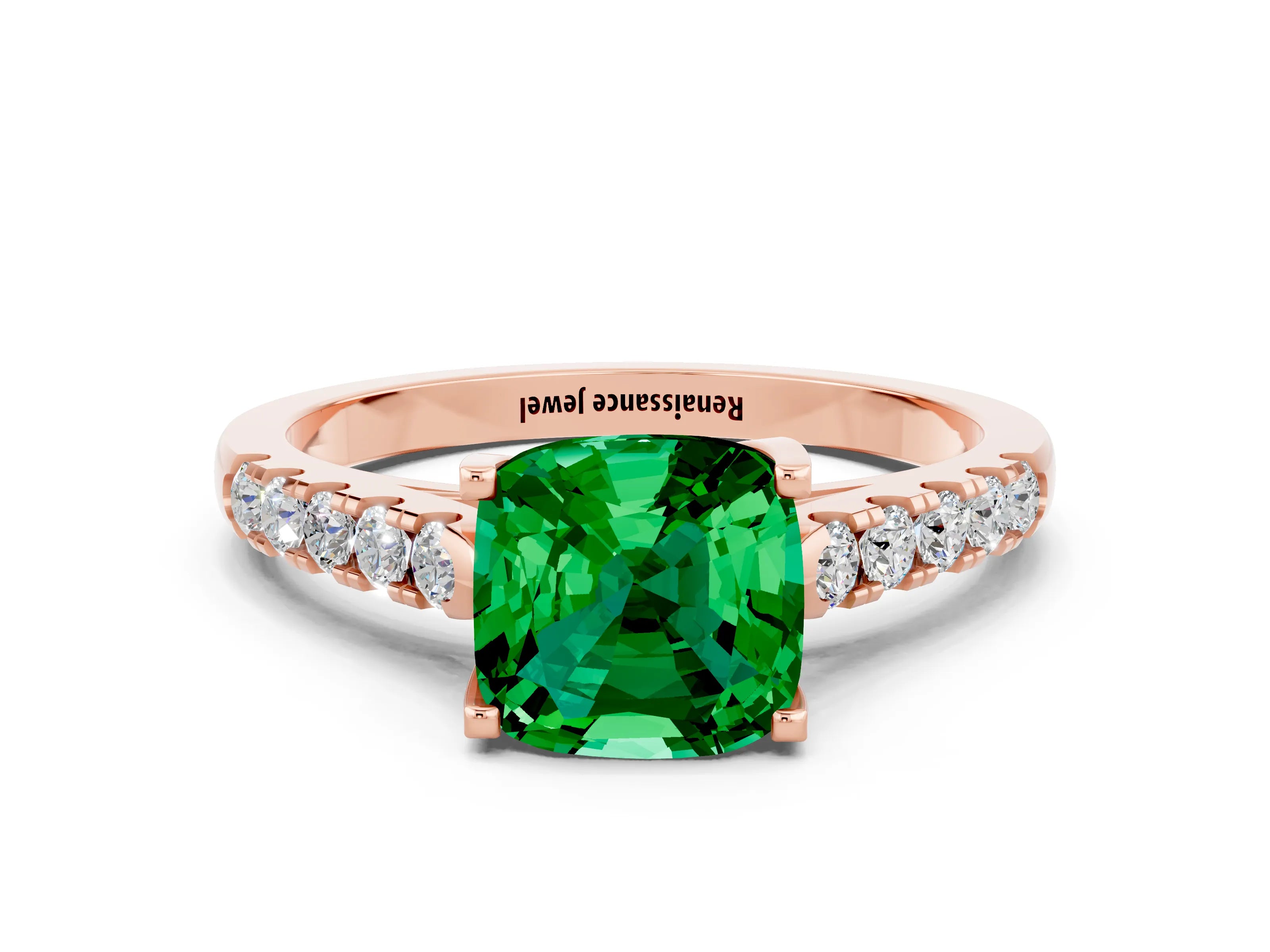 Rose gold {shape_name} Emerald Solitaire Ring with Pavé Band and Four-Prong Setting