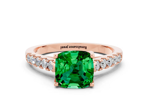 Rose gold {shape_name} Emerald Solitaire Ring with Pavé Band and Four-Prong Setting