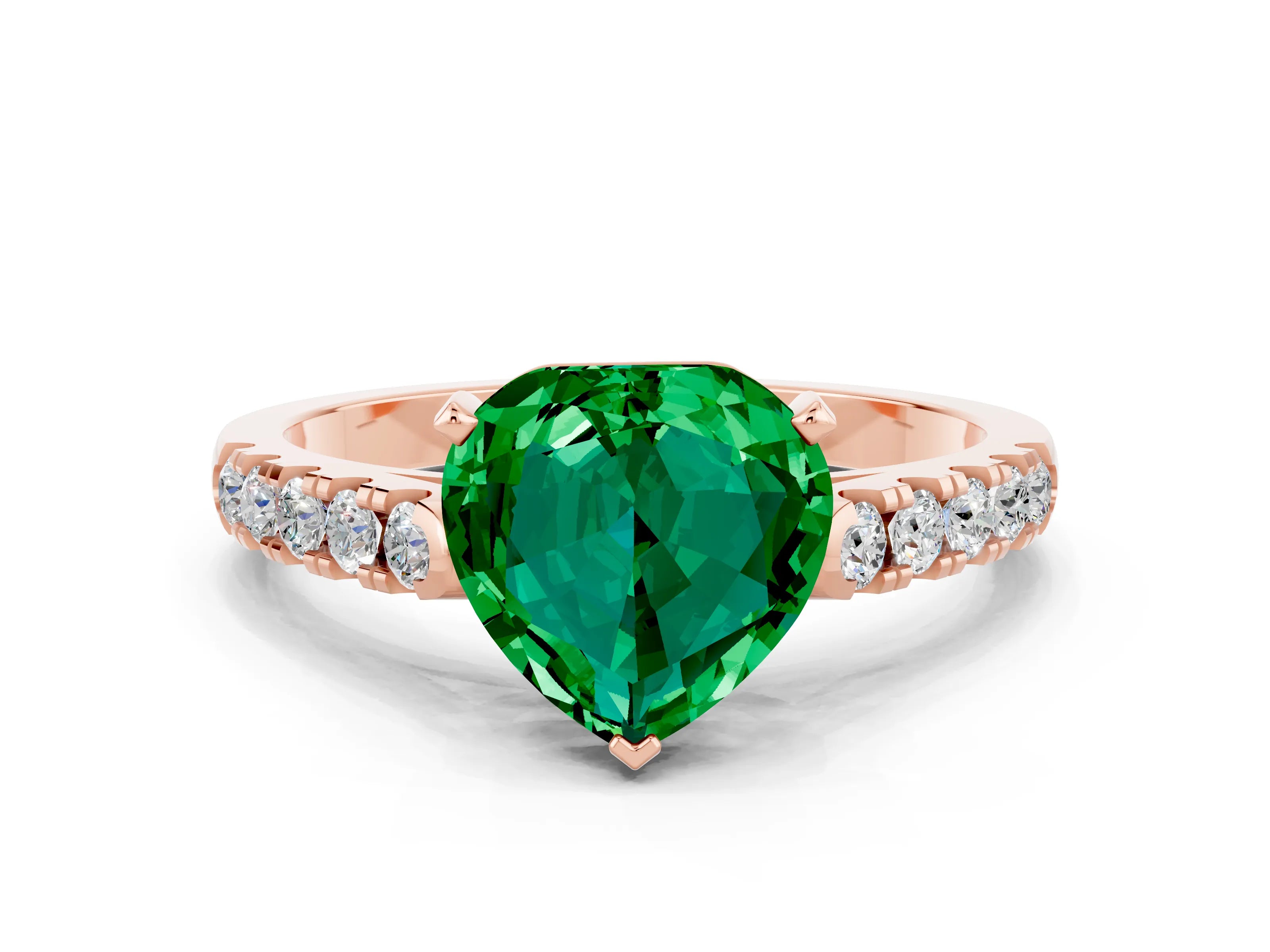Rose gold {shape_name} Emerald Solitaire Ring with Pavé Band and Four-Prong Setting